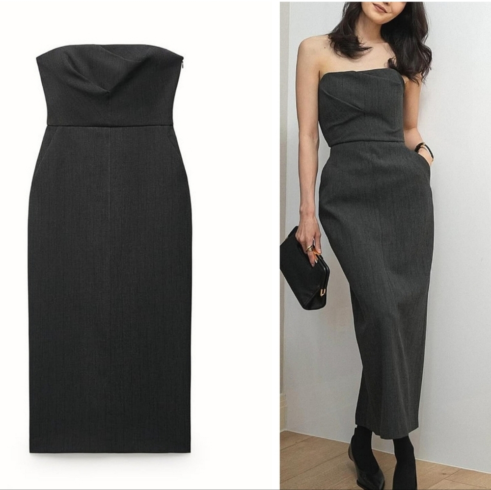 Zara ZW Collection strapless midi dress draped bodice